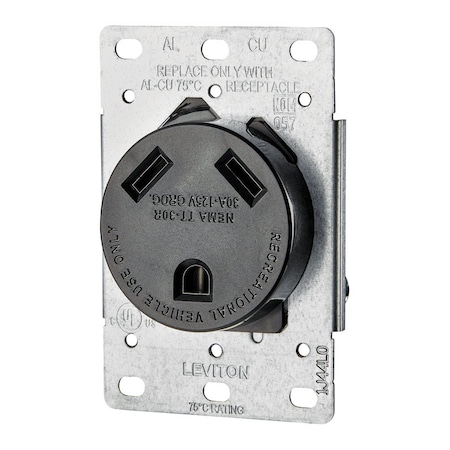 Leviton Straight Blade Receptacle, TT-30R, 30 A, 125V AC, 2 Pole, 3 Wire, Flush Mount, Grounded 07313-S00